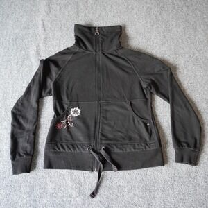 Brisas Womens Small Black‎ Full Zip Mock Neck Floral Embroidered Jacket